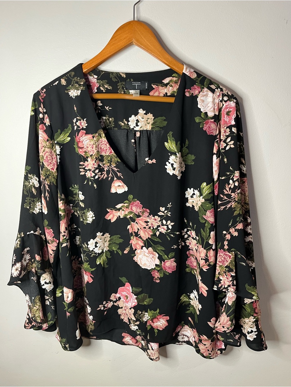 Tahari Black Floral V-Neck Bell Sleeve Blouse